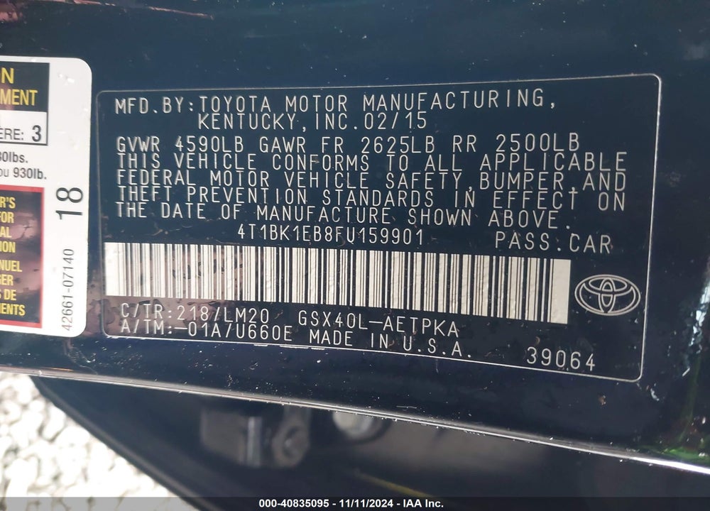 2015 TOYOTA AVALON LIMITED VIN: 4T1BK1EB8FU159901