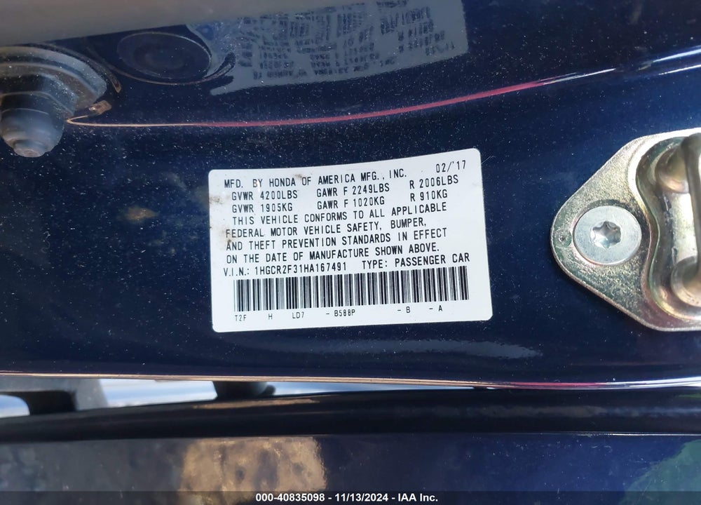 2017 HONDA ACCORD LX VIN: 1HGCR2F31HA167491