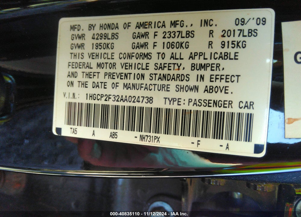2010 HONDA ACCORD 2.4 LX VIN: 1HGCP2F32AA024738