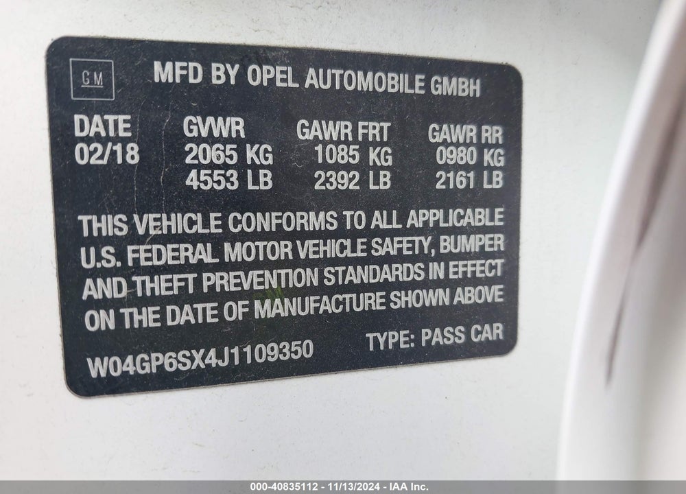 2018 BUICK REGAL SPORTBACK ESSENCE VIN: W04GP6SX4J1109350