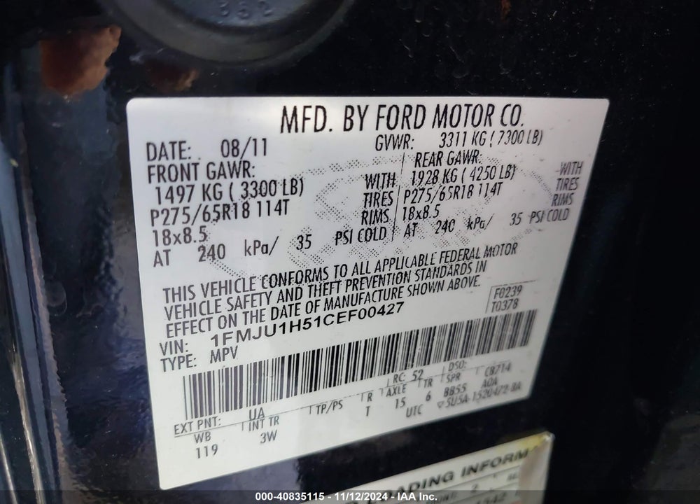 2012 FORD EXPEDITION XLT VIN: 1FMJU1H51CEF00427