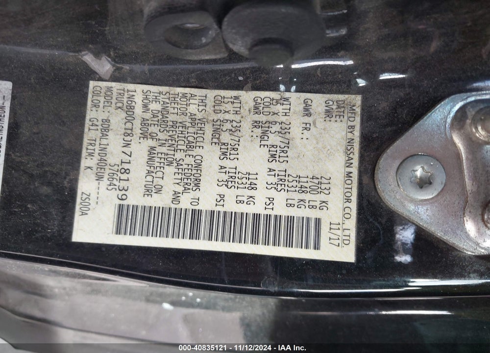 2018 NISSAN FRONTIER S VIN: 1N6BD0CT8JN718139