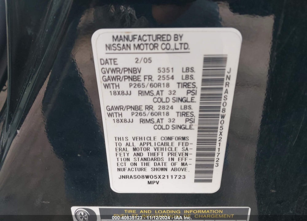 2005 INFINITI FX35 VIN: JNRAS08W05X211723