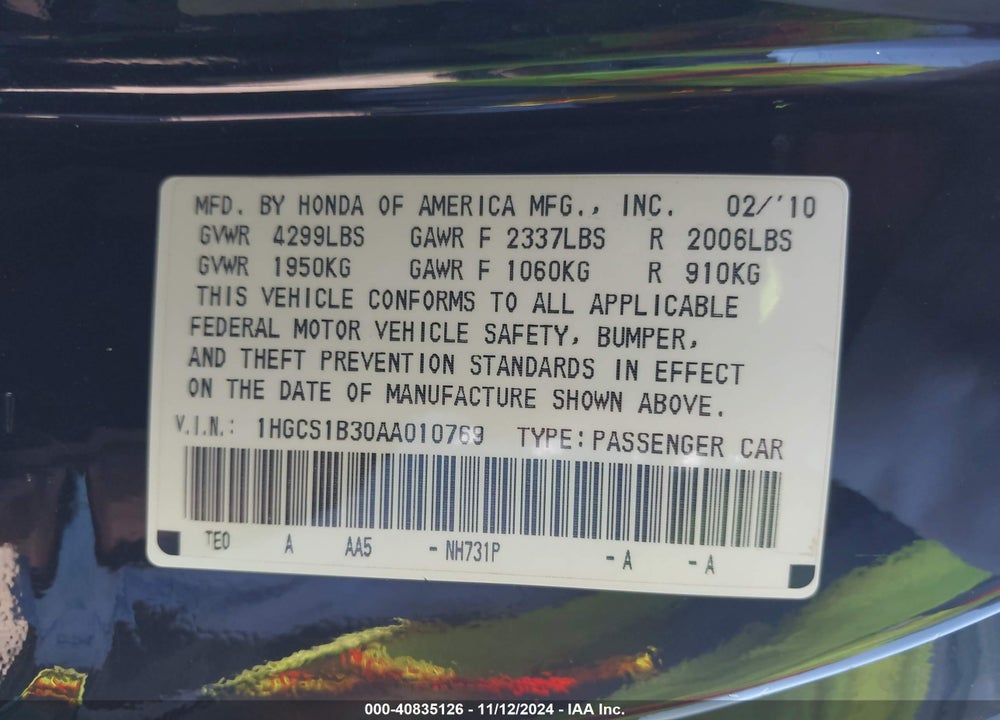 2010 HONDA ACCORD 2.4 LX-S VIN: 1HGCS1B30AA010769