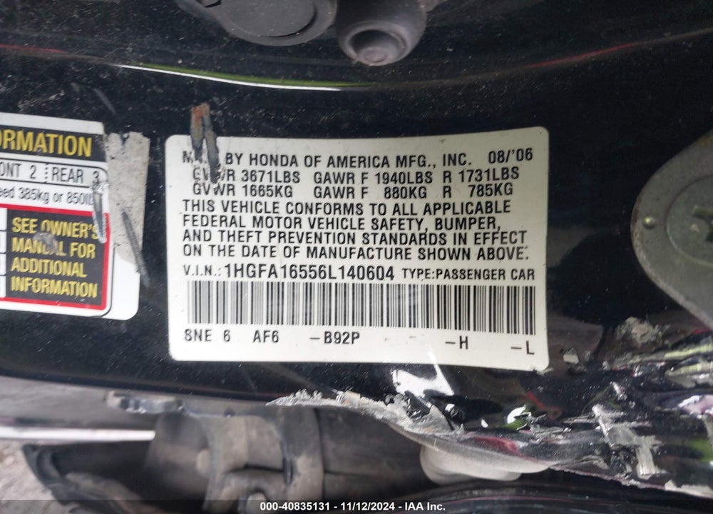 2006 HONDA CIVIC LX VIN: 1HGFA16556L140604
