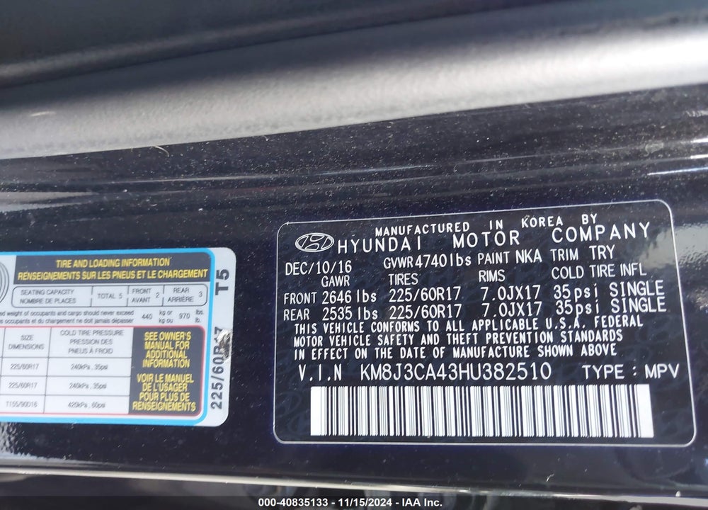 2017 HYUNDAI TUCSON SE VIN: KM8J3CA43HU382510