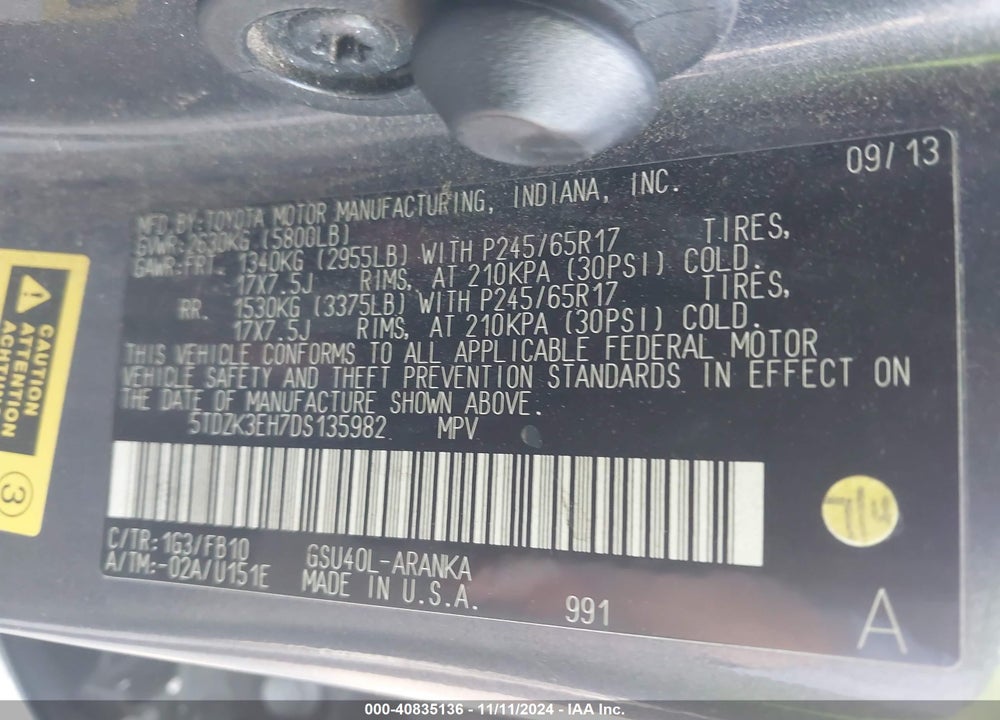 2013 TOYOTA HIGHLANDER BASE V6 VIN: 5TDZK3EH7DS135982