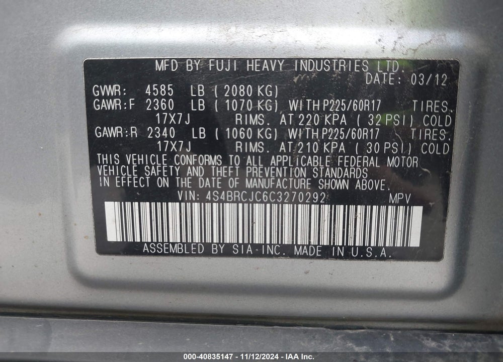 2012 SUBARU OUTBACK 2.5I LIMITED VIN: 4S4BRCJC6C3270292