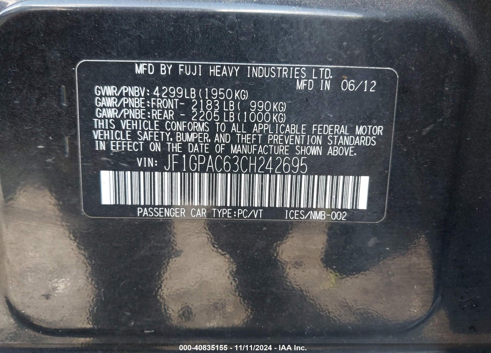 2012 SUBARU IMPREZA 2.0I PREMIUM VIN: JF1GPAC63CH242695