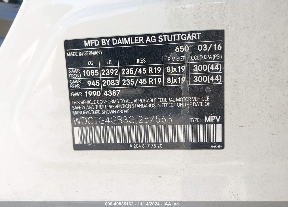2016 MERCEDES-BENZ GLA 250 4MATIC VIN: WDCTG4GB3GJ257563