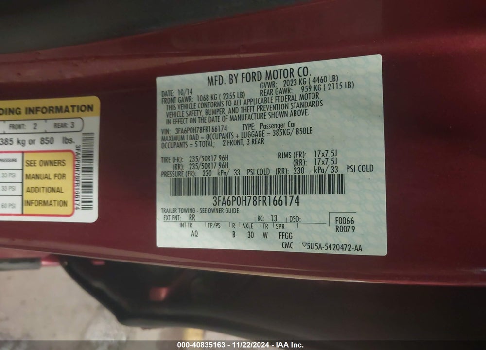 2015 FORD FUSION SE VIN: 3FA6P0H78FR166174
