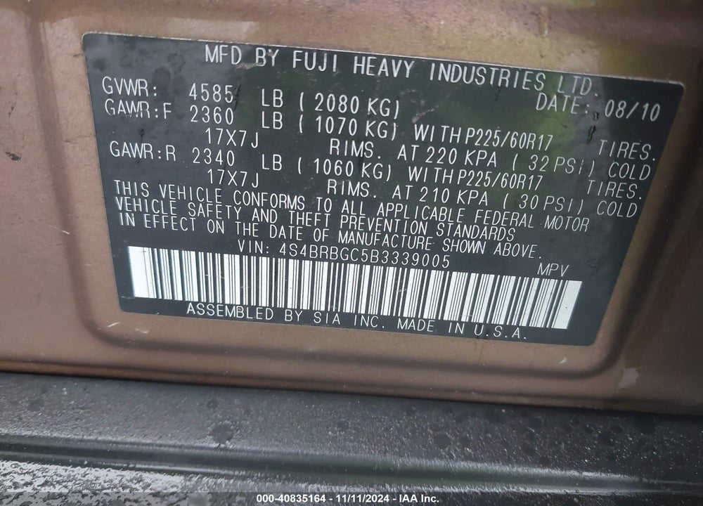 2011 SUBARU OUTBACK 2.5I PREMIUM VIN: 4S4BRBGC5B3339005