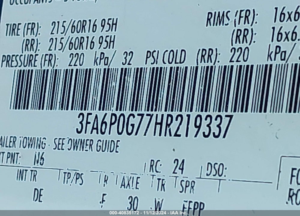 2017 FORD FUSION S VIN: 3FA6P0G77HR219337