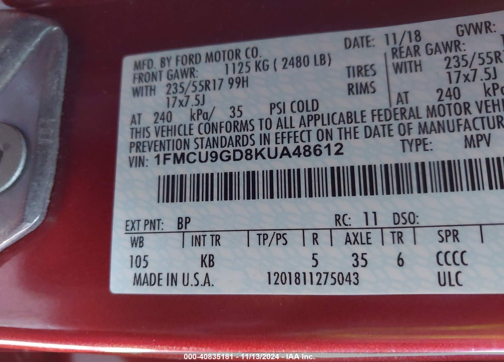 2019 FORD ESCAPE SE VIN: 1FMCU9GD8KUA48612