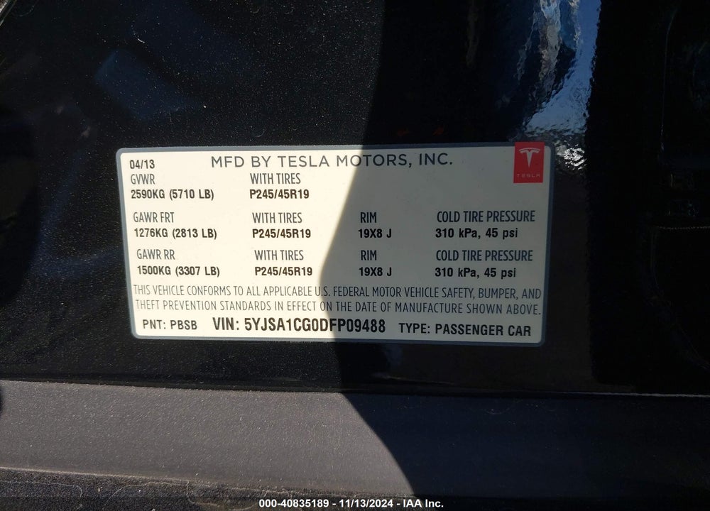2013 TESLA MODEL S VIN: 5YJSA1CG0DFP09488