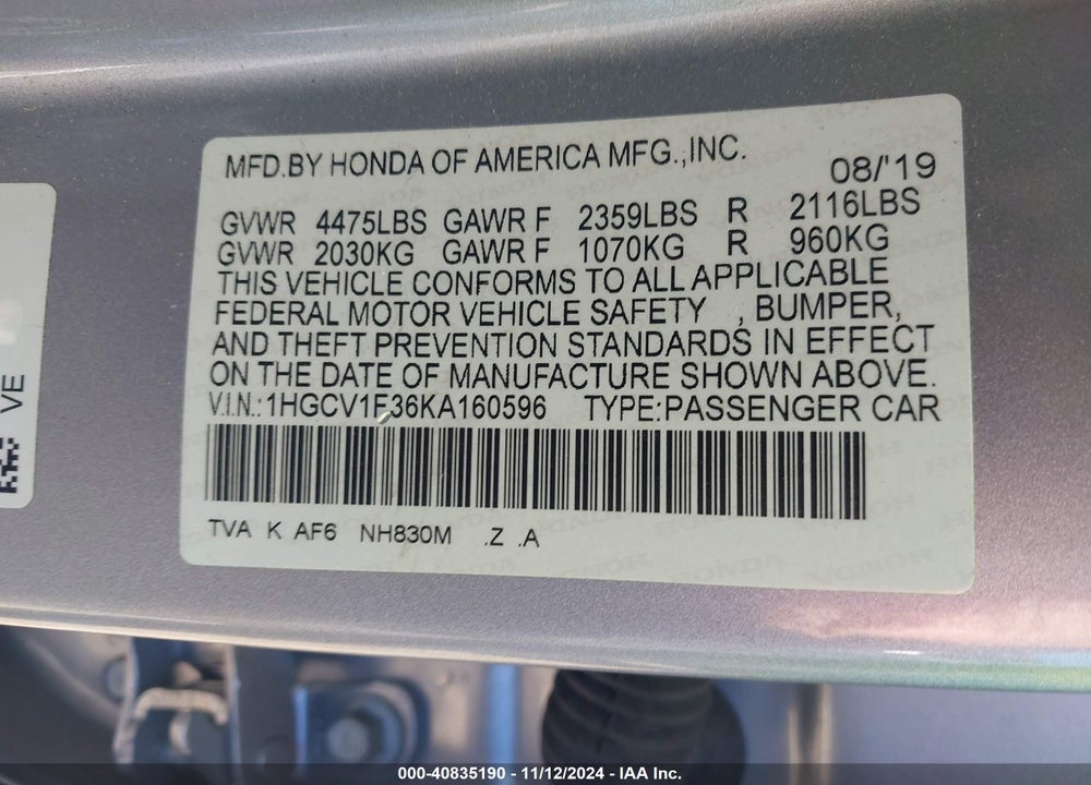 2019 HONDA ACCORD SPORT VIN: 1HGCV1F36KA160596