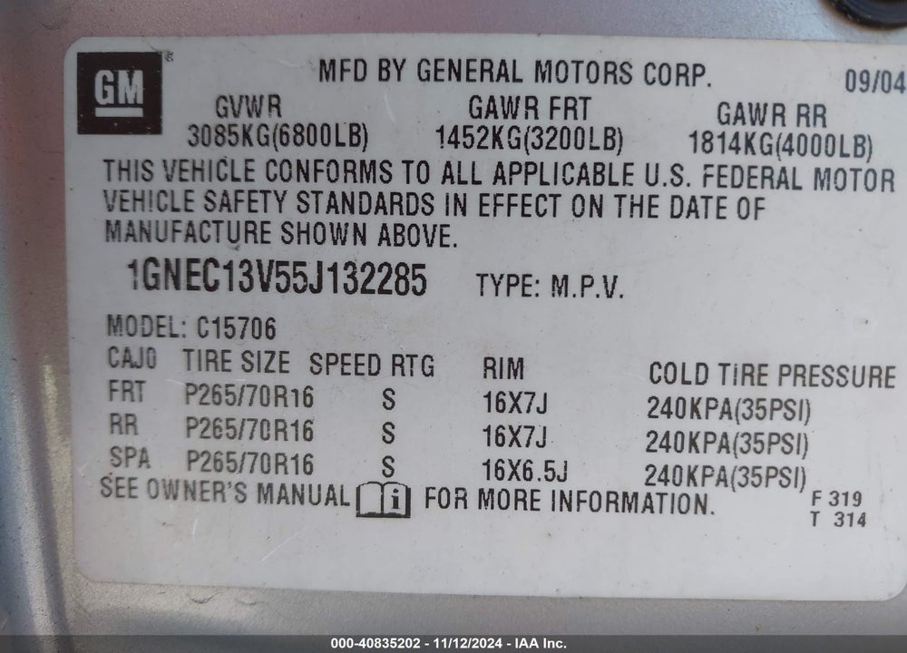 2005 CHEVROLET TAHOE LS VIN: 1GNEC13V55J132285