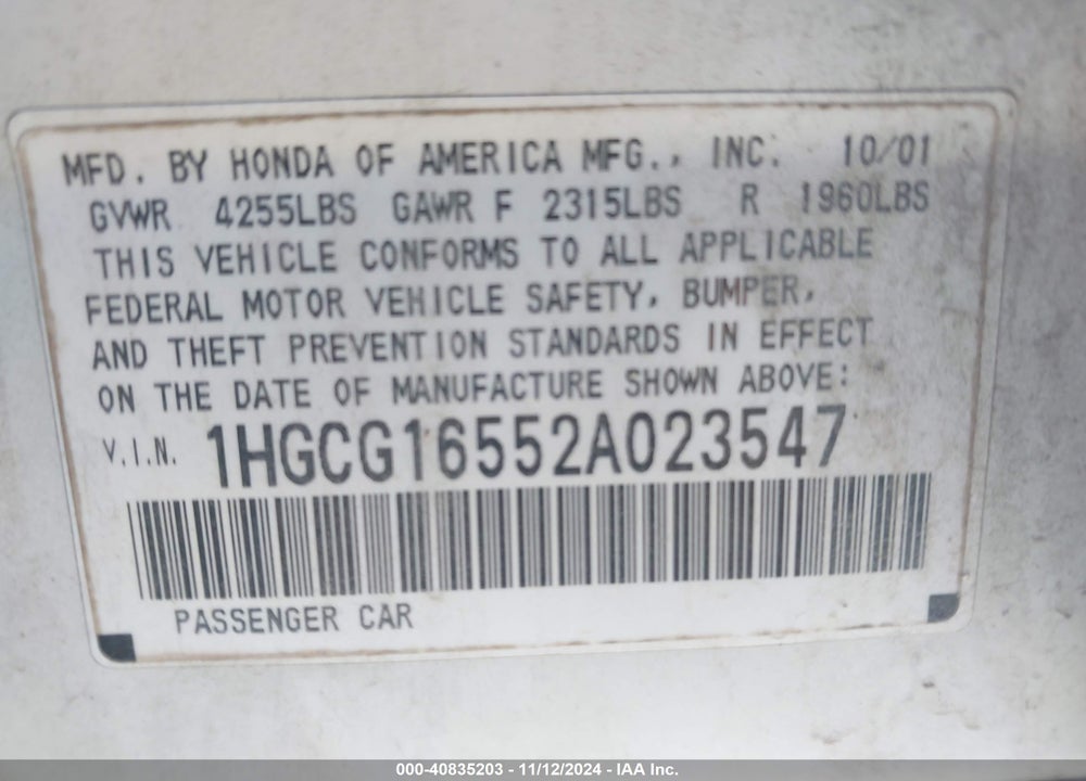 2002 HONDA ACCORD 3.0 EX VIN: 1HGCG16552A023547