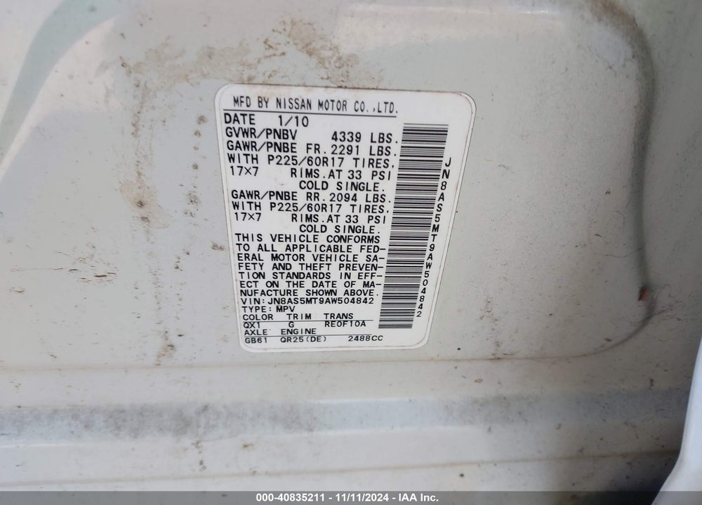 2010 NISSAN ROGUE SL VIN: JN8AS5MT9AW504842