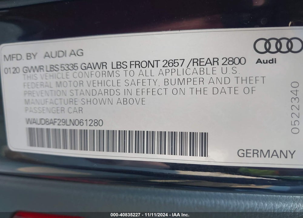 2020 AUDI A6 SEDAN PREMIUM 45 TFSI QUATTRO S TRONIC VIN: WAUD8AF29LN061280