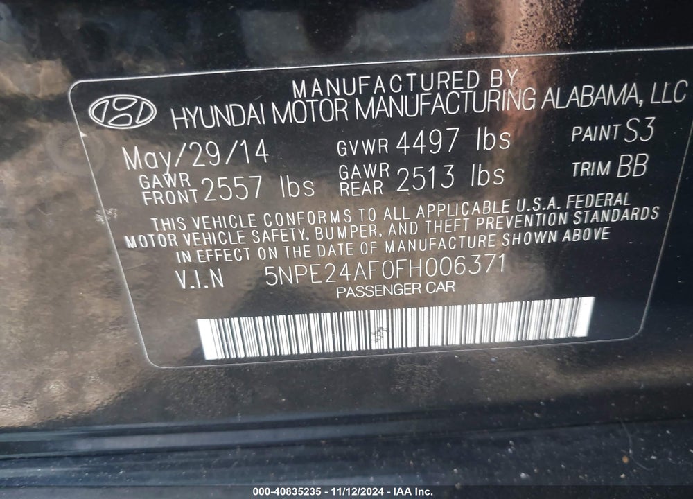2015 HYUNDAI SONATA SE VIN: 5NPE24AF0FH006371