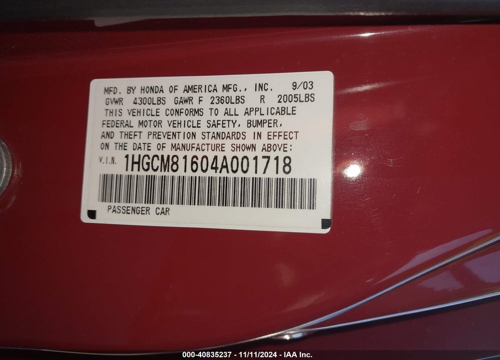 2004 HONDA ACCORD CPE EX VIN: 1HGCM81604A001718