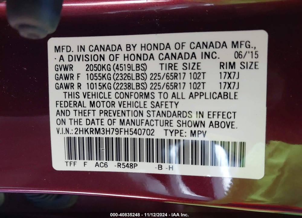 2015 HONDA CR-V EX-L VIN: 2HKRM3H79FH540702