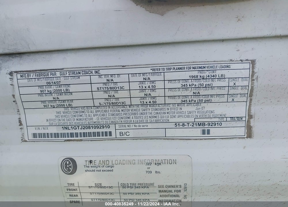 2008 GULF STREAM AMERI-LITE 21MB DL VIN: 1NL1GTJ2081092910