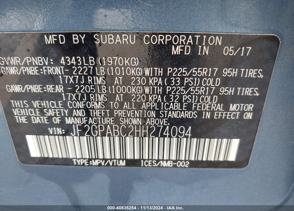 2017 SUBARU CROSSTREK 2.0I PREMIUM VIN: JF2GPABC2HH274094