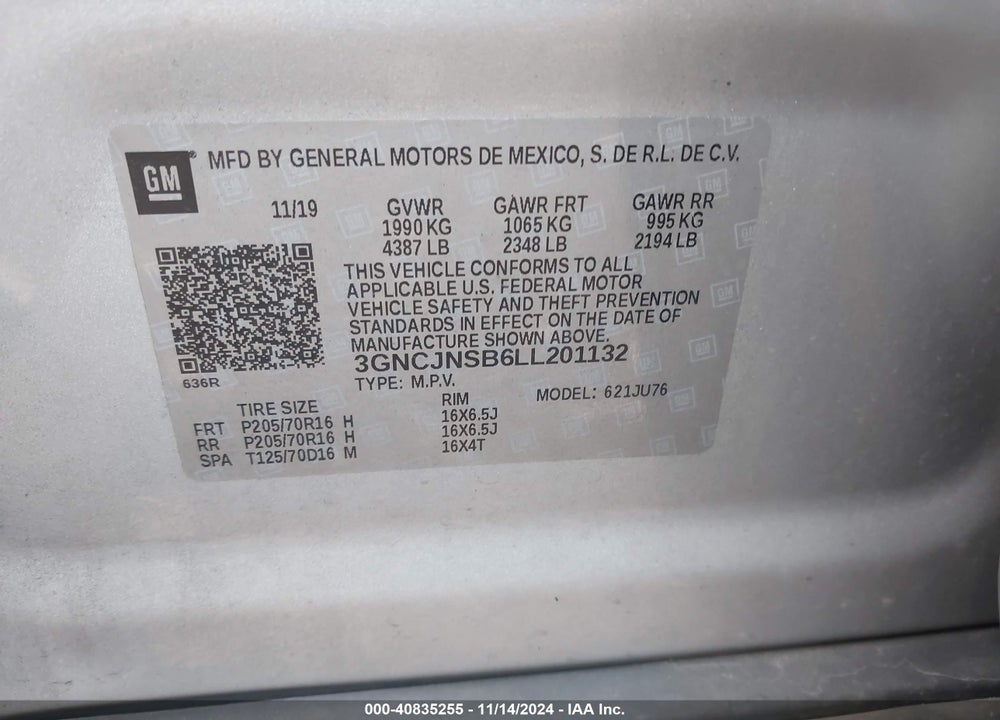 2020 CHEVROLET TRAX AWD LS VIN: 3GNCJNSB6LL201132