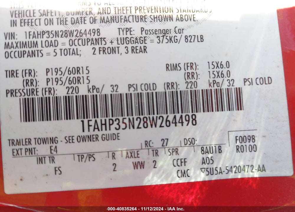 2008 FORD FOCUS SE/SES VIN: 1FAHP35N28W264498