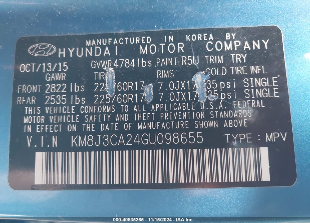 2016 HYUNDAI TUCSON ECO VIN: KM8J3CA24GU098655