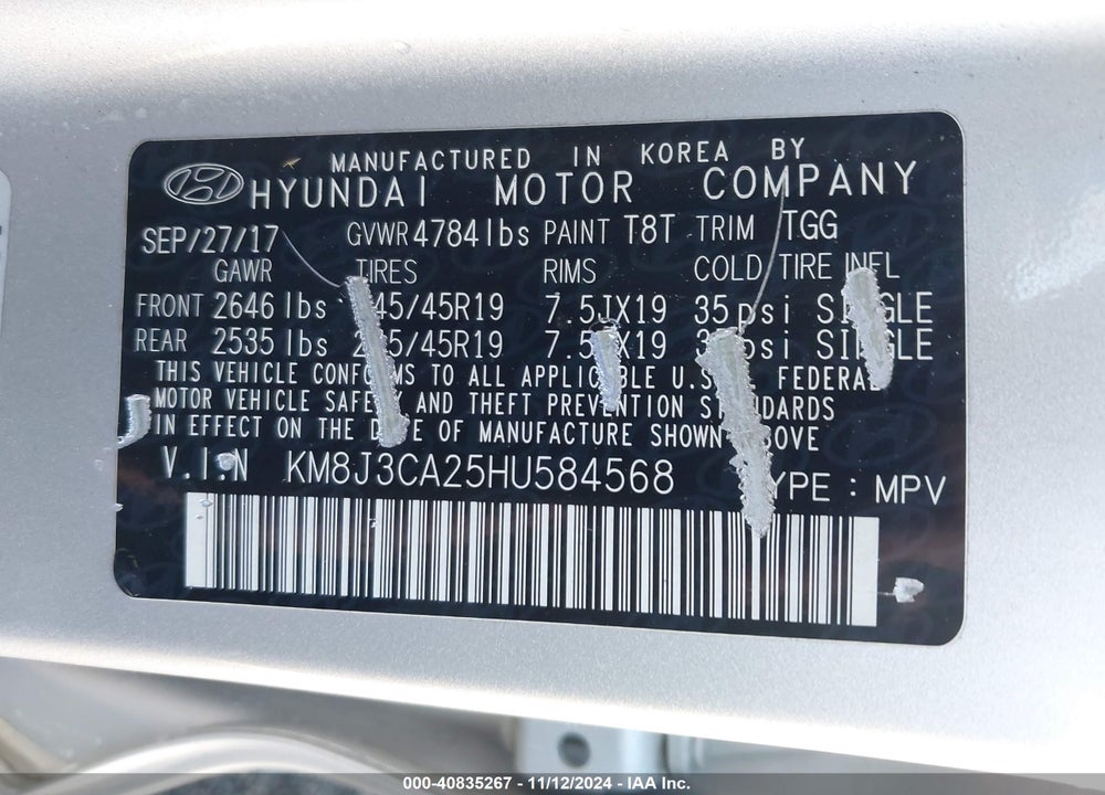 2017 HYUNDAI TUCSON SPORT VIN: KM8J3CA25HU584568