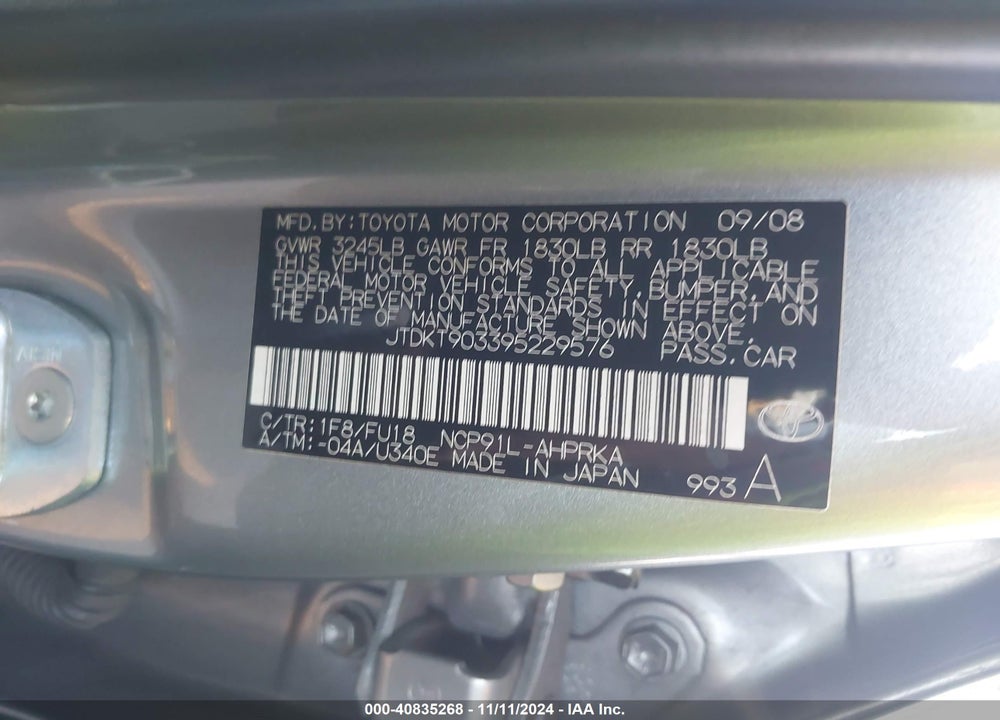 2009 TOYOTA YARIS VIN: JTDKT903395229576