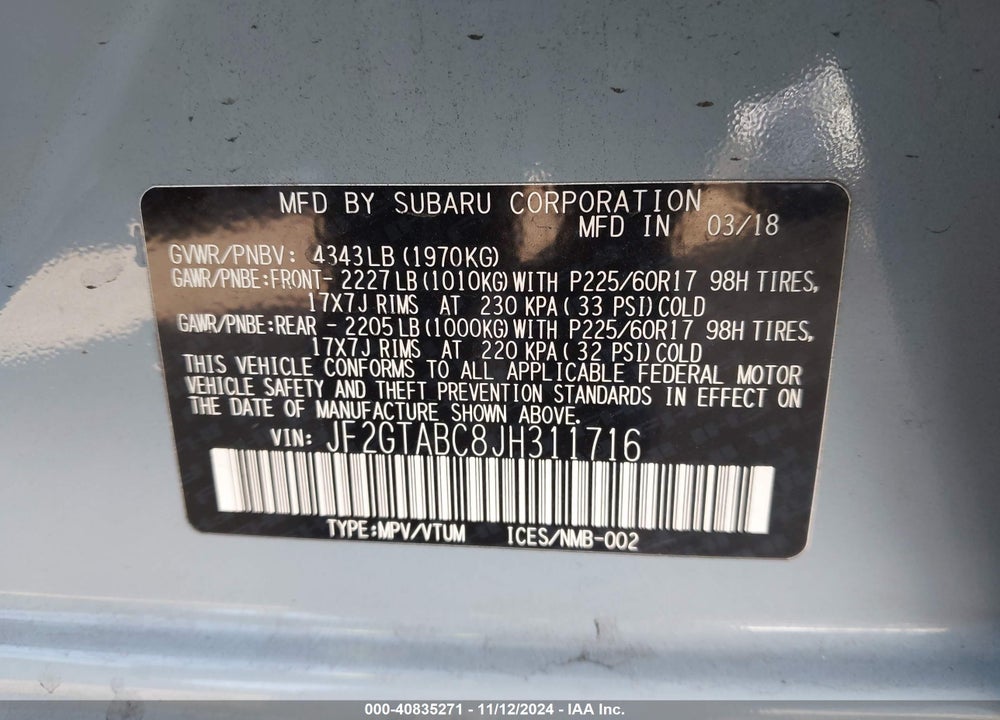 2018 SUBARU CROSSTREK 2.0I PREMIUM VIN: JF2GTABC8JH311716