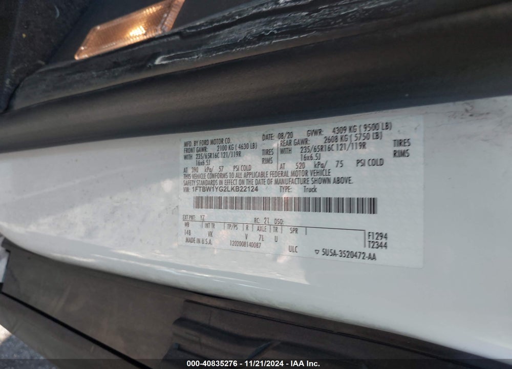 2020 FORD TRANSIT-350 CARGO VAN VIN: 1FTBW1YG2LKB22124