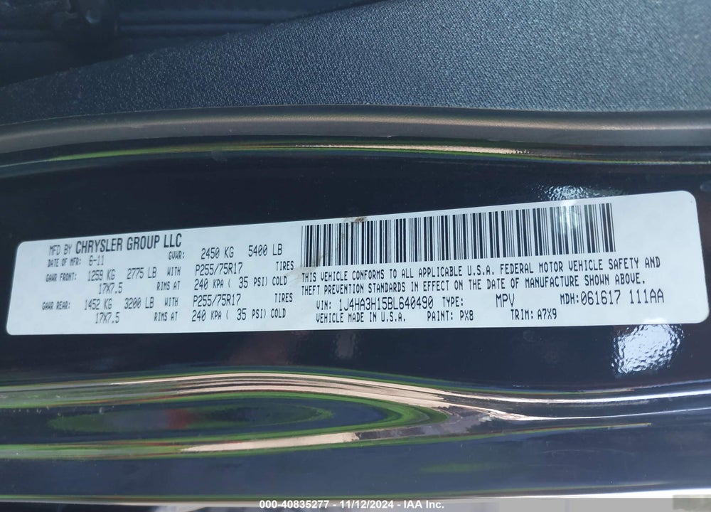 2011 JEEP WRANGLER UNLIMITED SPORT VIN: 1J4HA3H15BL640490