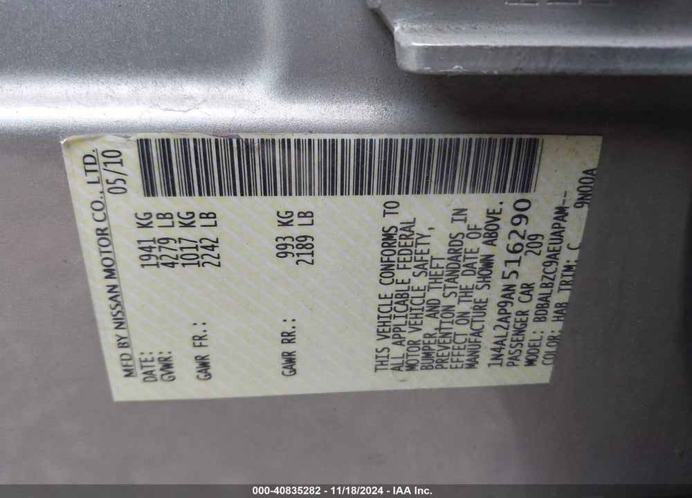 2010 NISSAN ALTIMA 2.5 S VIN: 1N4AL2AP9AN516290