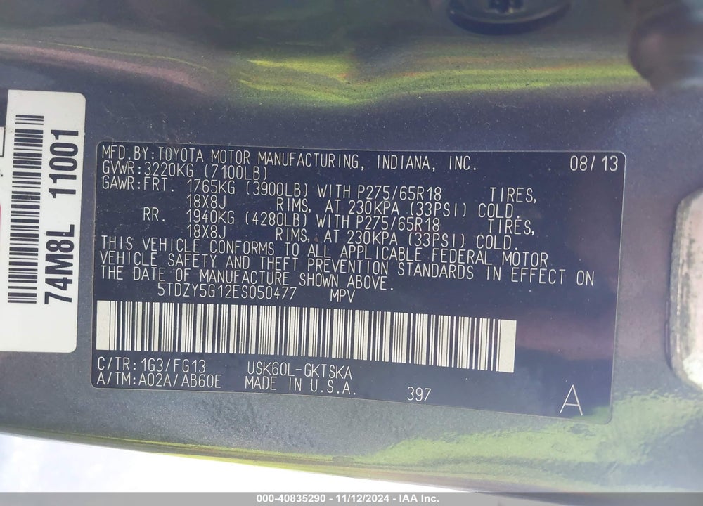 2014 TOYOTA SEQUOIA SR5 5.7L V8 VIN: 5TDZY5G12ES050477