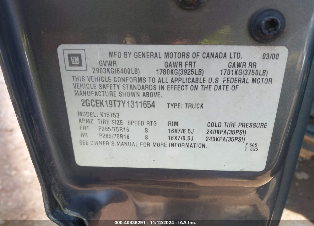 2000 CHEVROLET SILVERADO 1500 LS VIN: 2GCEK19T7Y1311654