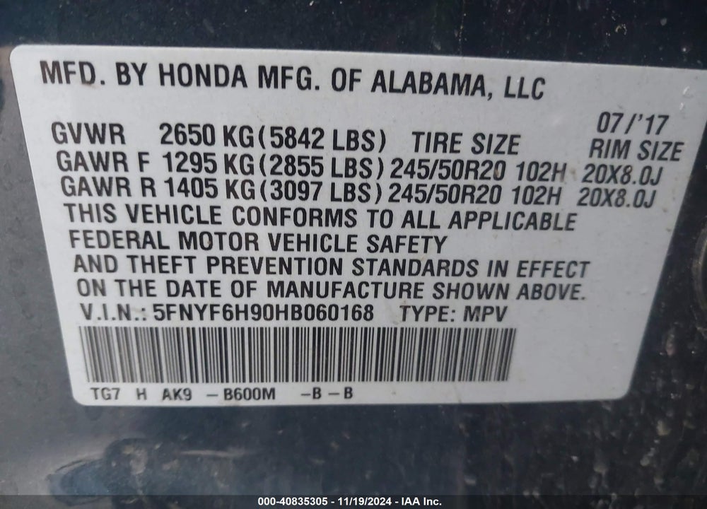 2017 HONDA PILOT TOURING VIN: 5FNYF6H90HB060168