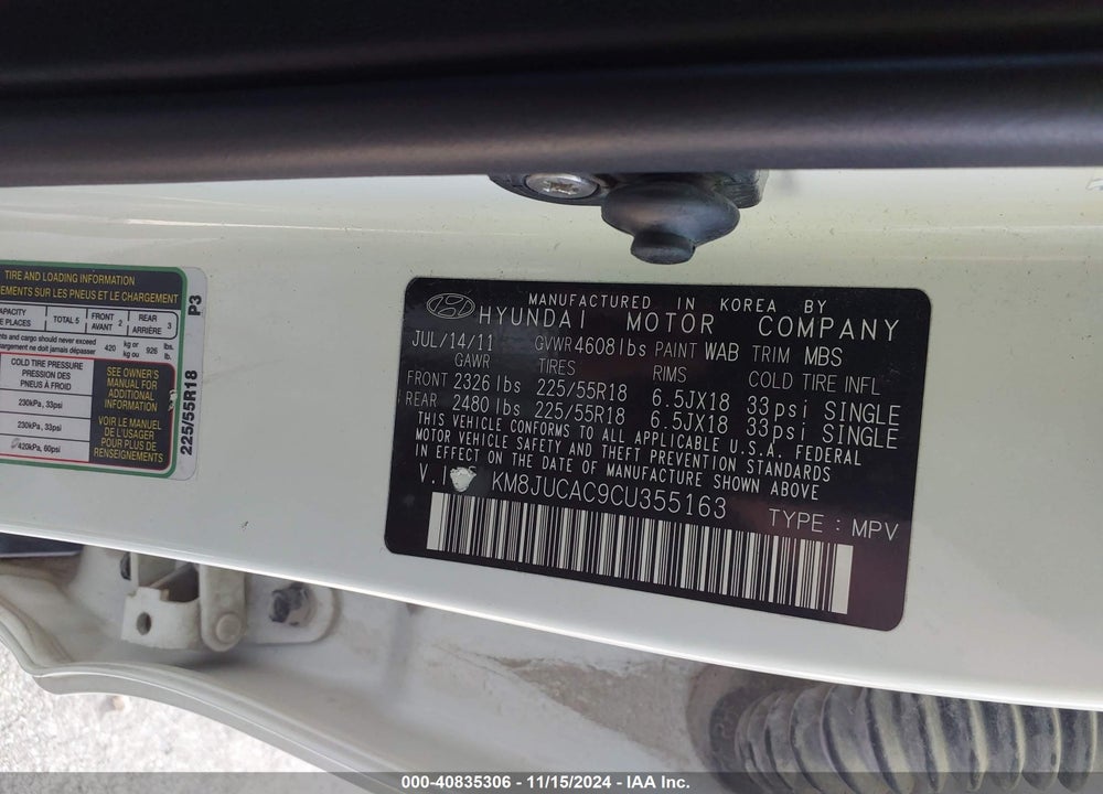 2012 HYUNDAI TUCSON LIMITED VIN: KM8JUCAC9CU355163