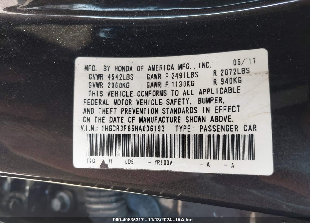 2017 HONDA ACCORD VIN: 1HGCR2F86HA002435