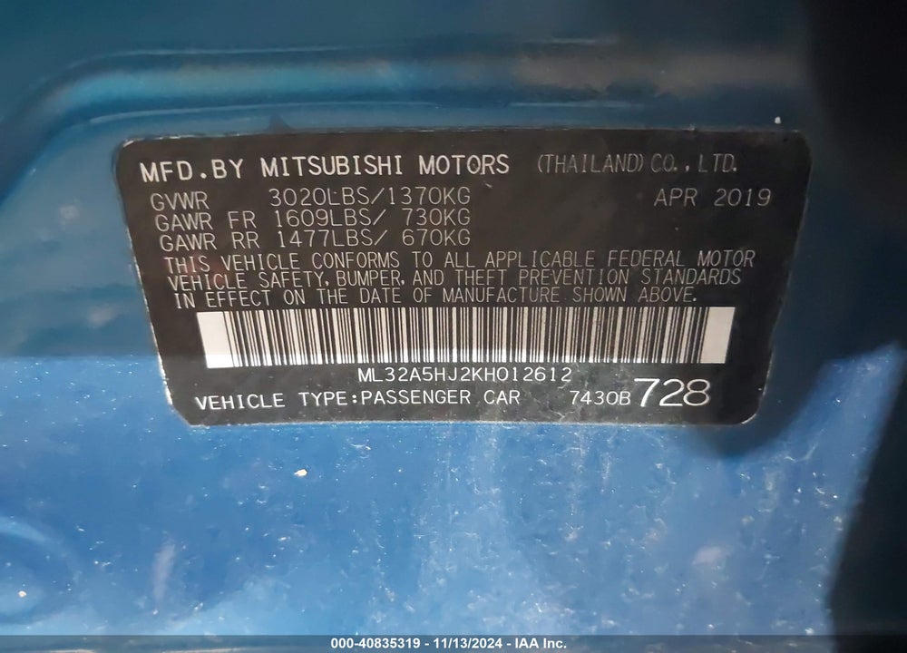 2019 MITSUBISHI MIRAGE LE VIN: ML32A5HJ2KH012612
