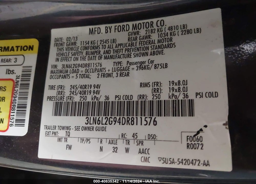 2013 LINCOLN MKZ VIN: 3LN6L2G94DR811576
