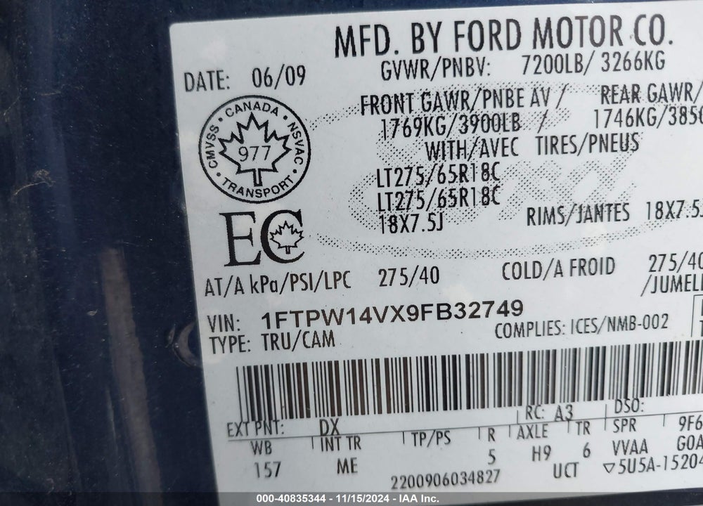 2009 FORD F-150 FX4/KING RANCH/LARIAT/PLATINUM/XL/XLT VIN: 1FTPW14VX9FB32749