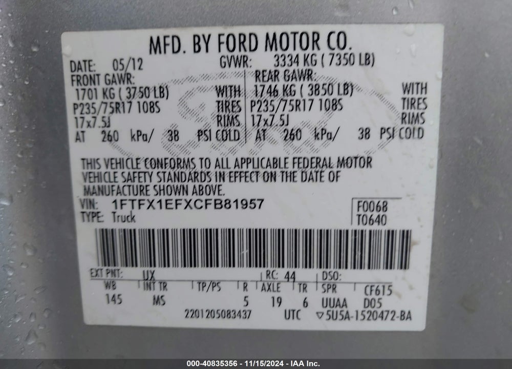 2012 FORD F-150 XLT VIN: 1FTFX1EFXCFB81957