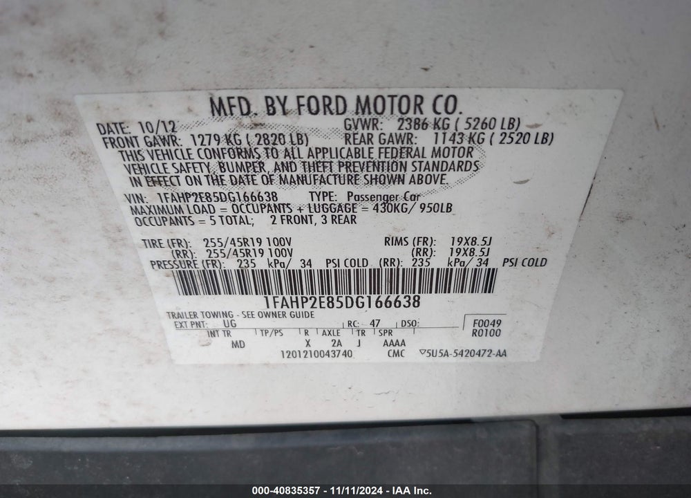 2013 FORD TAURUS SEL VIN: 1FAHP2E85DG166638