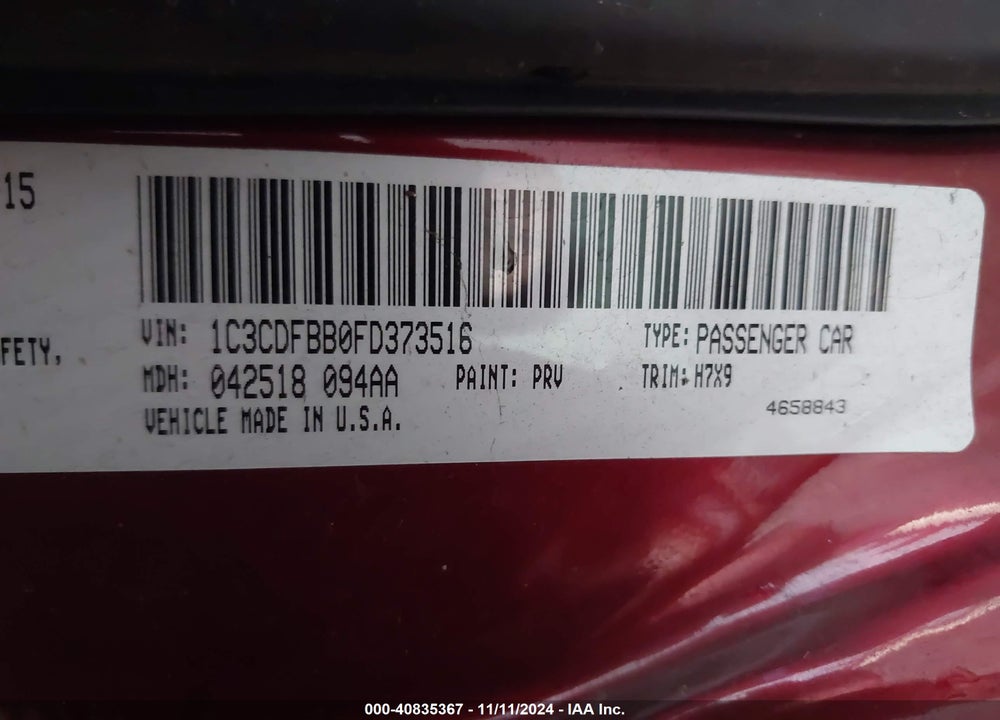 2015 DODGE DART SXT VIN: 1C3CDFBB0FD373516