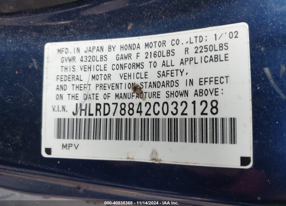 2002 HONDA CR-V EX VIN: JHLRD78842C032128